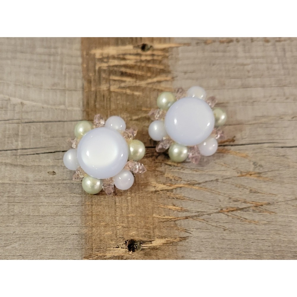 Vintage Flower Clip On Earrings‎ Pearl Beaded Statement Elegant - Picture 12 of 14